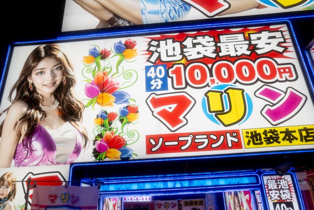 Colorful neon sign in Tokyo’s vibrant Ikebukuro district, showcasing nightlife and entertainment options.