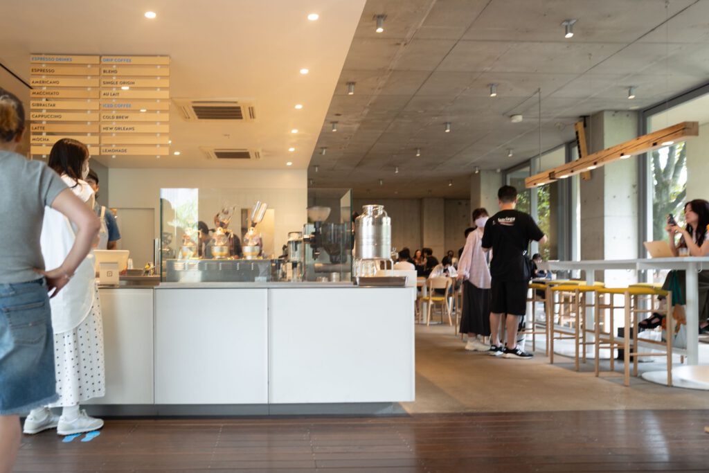 Stylish interior of Blue Bottle in Aoyama, echoing Swiss elegance in Tokyo.