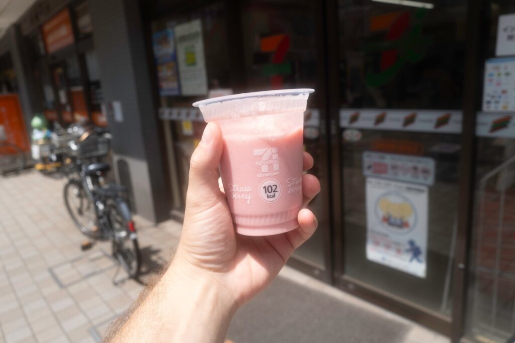 Strawberry drink from a Japanese convenience store, perfect refreshment during Japan tours.