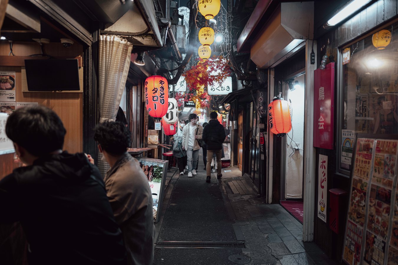 Cozy Japanese alleyway with red lanterns and people exploring vibrant local shops at night. Perfect for an authentic Japan tour.