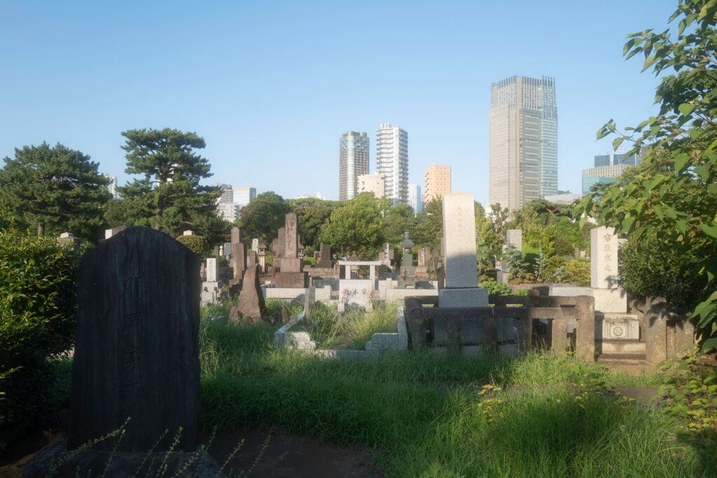 Historic Japanese cemetery with city buildings in the background, highlighting Tokyo's blend of tradition and modernity.