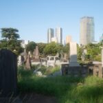 Historic Japanese cemetery with city buildings in the background, highlighting Tokyo's blend of tradition and modernity.