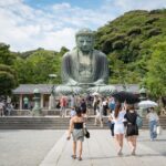 Tourists exploring the Great Buddha of Kamakura, Japan's iconic cultural landmark on a sunny day.