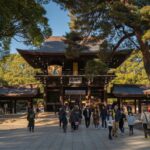 Visitors at a traditional Japanese temple gate, exploring cultural heritage in Japan's scenic landscapes.
