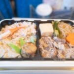 Japanese bento box meal on a train, offering authentic flavors during travel tours in Japan.